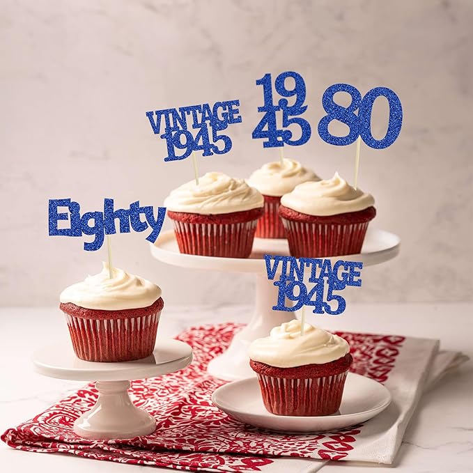 Gyufise 24Pcs Vintage 1945 Cupcake Toppers Glitter Cheers to 80 Fabulous Eighty Cupcake Picks 80th Birthday Wedding Anniversary Party Cake Decorations Supplies Deep Blue