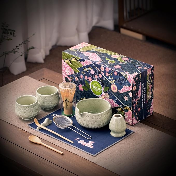 Matcha Whisk Set, 10 Pcs Matcha Set Includes Matcha Bowl, 2 Cups, Matcha Whisk and Holder, Bamboo Scoop and Spoon, Scoop Rest, Sifter and Tea Towel, Complete Matcha Kit (Mottled Green)
