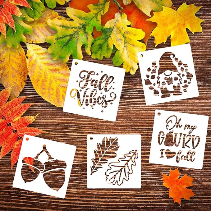 3inch Fall Stencils for Painting on Wood 56pcs Pumpkin Stencil Autumn Leaf Turkey Scarecrow Gnome Draw Templates for Wood Signs DIY Crafts Canvas Tier Tray Decor