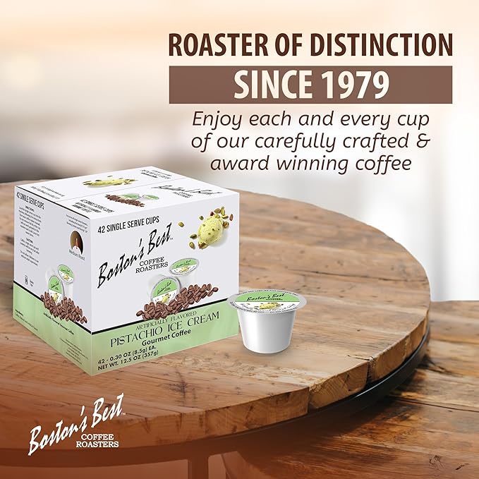 Bostonโs Best - Pistachio Ice Cream Flavored Coffee Blend, Dessert Gourmet, Compatible with Keurig Coffee Maker, 1 Count (42 Single Serve Medium Roast Cups)