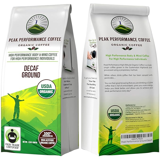 Peak Performance High Altitude Organic Decaf Coffee. Fair Trade, Low Acid, Non GMO, and Beans Full Of Antioxidants. Medium Roast Smooth Tasting USDA Certified Organic Decaffeinated Ground Coffee Bag