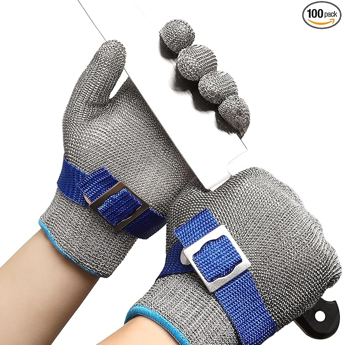 ANSI A9 Cut Resistant Glove, Food Grade Stainless Steel wire Mesh Metal Gloves, Knife Cutting Gloves for kitchen Mandoline Slicing Butcher Meat Cutting Oyster Shucking Fish Fillet(L, 50pairs)