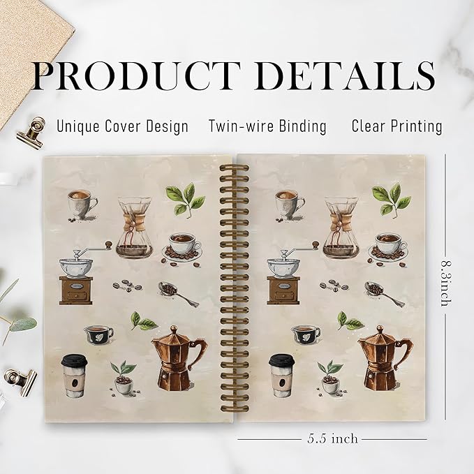 Vintage Coffee Spiral Notebook, Coffee Lovers Gifts Journal Notebook, Retro Cafe Notebooks for School Work, Caffeine Lover Office Supplies Gifts for Women Men, 5.5x8.3 Inch