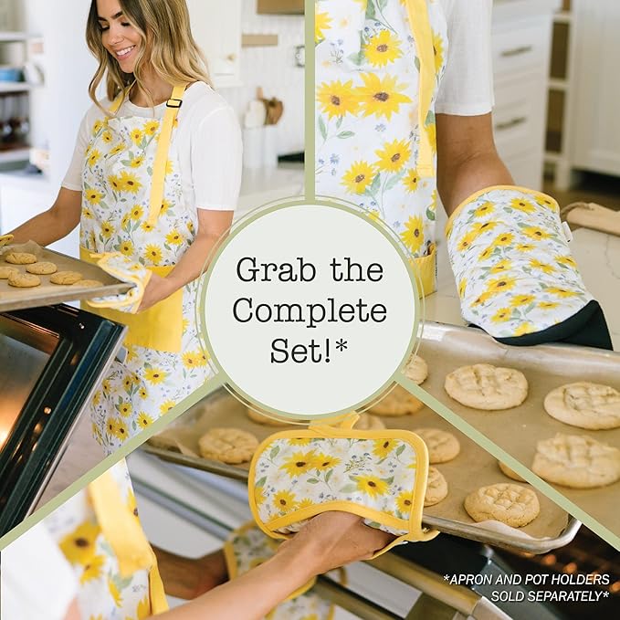 Heat Resistant Designer Kitchen Oven Mitts with Neoprene Non-Slip Grips and Hanging Loops | Set of 2 100% Cotton Long Sleeve Kitchen Oven Mitts | 5.5" x 12" | Sun Flowers