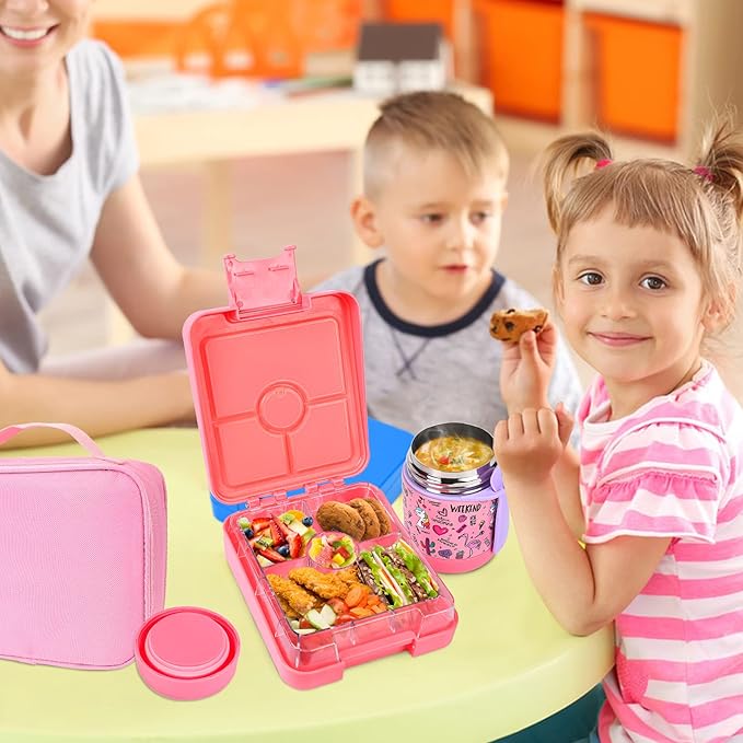 Bento Lunch Box Set With 10oz Soup Thermo, Leak-proof Lunch Containers with 4 Compartment, Kids Hot Thermo Food Jar/Insulation Lunch Bag, Food Containers for School(Flamingo)