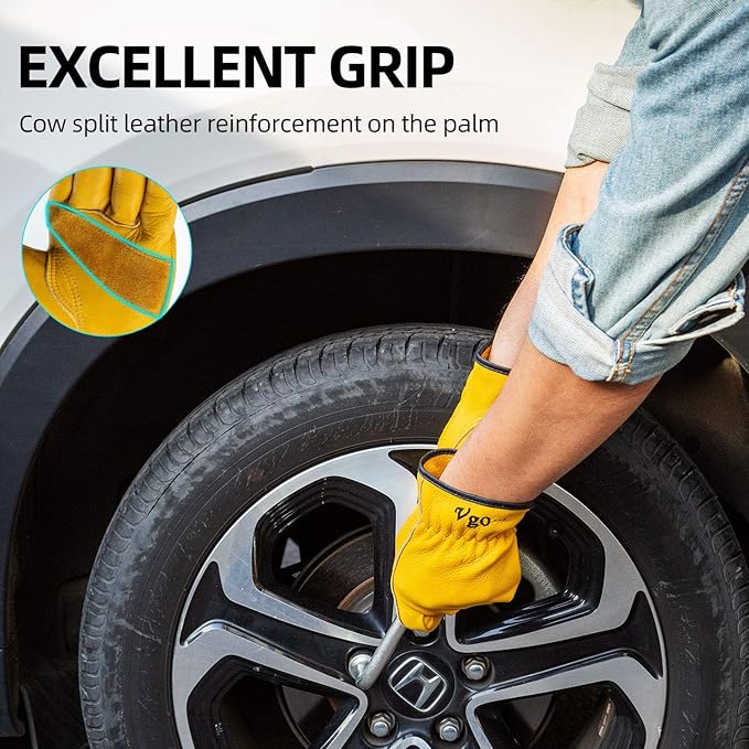 Vgo... 1-Pair Unlined Cow Grain Leather Work and Driver Gloves with Cow Split Leather Palm Patch (Size M, Gold,CA9590)