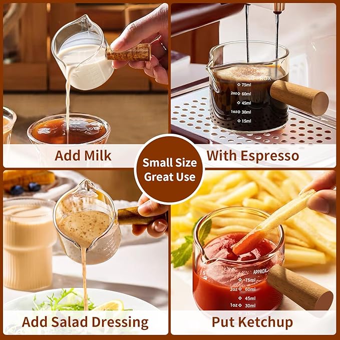 YARRAMATE 3oz Espresso Shots Cup with Wood Handle (2 Pack), Clear Glass Espresso Machine Accessories, Espresso Measuring Cup with Dual Scale, Espresso Shot Glass with Single Spout