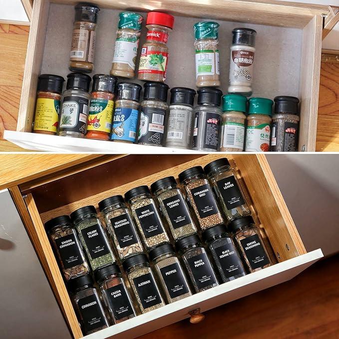 36Pcs Spice Jars Containers with Labels,4oz Black Seasoning Bottles with Shaker Lids for Rack, Cabinet, Drawer,Empty Square Condiment Pots (36, Black)