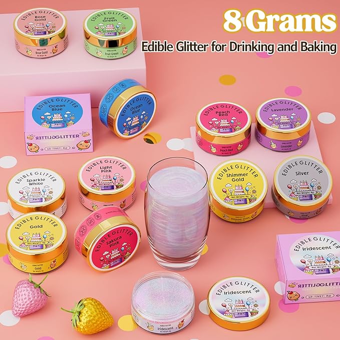 Nomeca Edible Glitter for Drinks Cakes, 8 grams Food Grade Luster Dust Sprinkles Glitter for Cake Decorations, DIY Cocktails, Beverages & Cake Decorating, Dessert Cake Topper (6-Sparkle White)