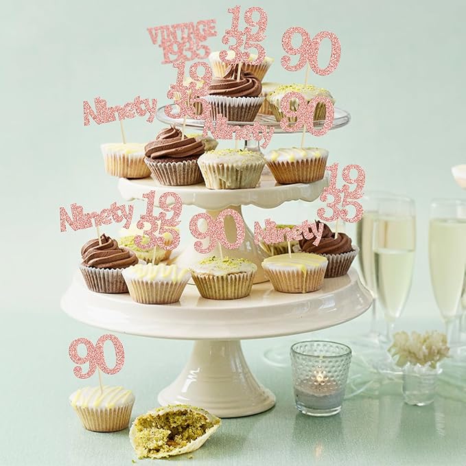 Gyufise 24Pcs 90th Birthday Cupcake Toppers Glitter Cheers to 90 Fabulous Ninety Vintage 1935 Cupcake Picks 90th Birthday Wedding Anniversary Party Cake Decorations Supplies Rose Gold