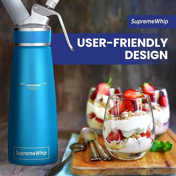PRO Cream Dispenser, Durable High-Grip, Metal Lid with Rubber, 3 Nozzles, for Hot/Cold Use, Cleaning Brush Included, Blue - 500 ml / 1 Pint