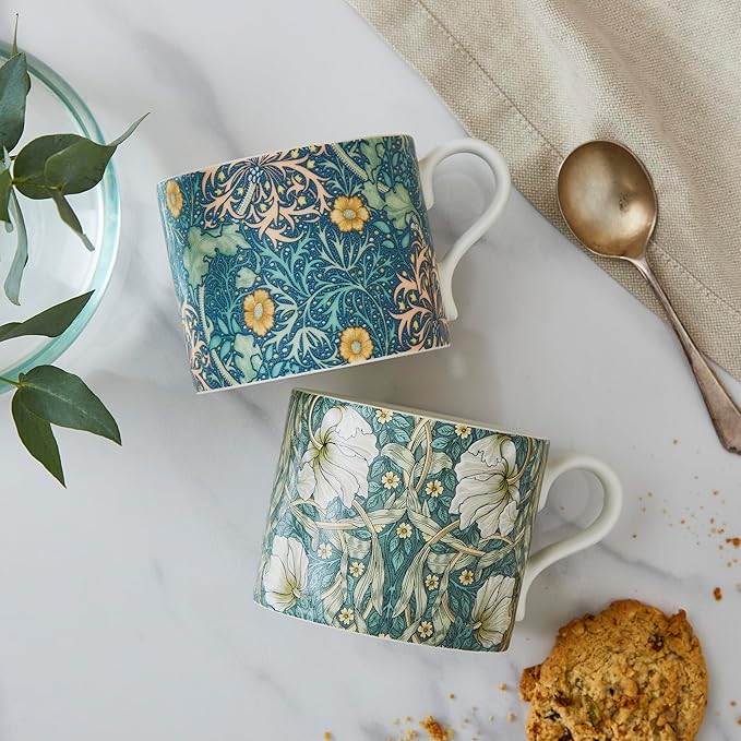 Spode Morris & Co 12oz Mug, Set of 2 - Porcelain Drinkware for Tea or Coffee, Microwave & Dishwasher Safe Cups for Kitchen Shelf Display or Home Coffee Bar Accessories (Seaweed & Pimpernel)
