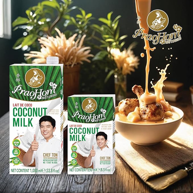 Praohom Coconut Milk 8.5 Fl Oz - Plant Based, Dairy Free Milk Alternative - Pure and Rich Thai Coconut Milk - No Added Sugar - Ideal for Cooking and Baking (250ml (pack of 6))