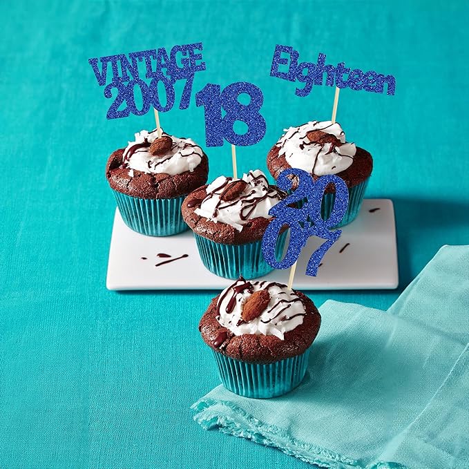 Gyufise 24Pcs 18th Birthday Cupcake Toppers Glitter Eighteen Vintage 2007 Adultish 18 Cupcake Picks Birthday Cake Decorations for Happy 18th Birthday Anniversary Party Supplies Deep Blue