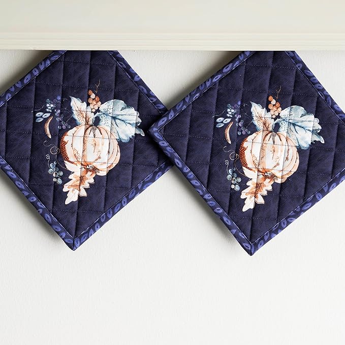 Maison d' Hermine Pot Holders Set 100% Cotton Heat Resistant Potholders 8" x 8" Hot Pads with Loop BBQ, Cooking, Baking, Grilling, Kitchen, Handling Hot Pans (Pack of 2, Pumpkin Blues)
