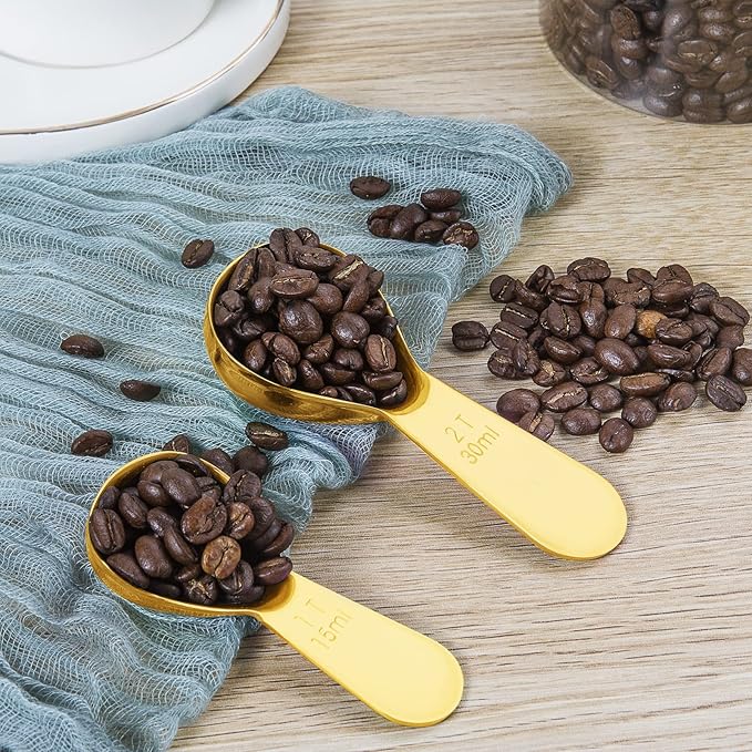 Stainless steel coffee scoop 2-piece set (1 tbsp, 2 tbsp) durable Tablespoon, ergonomic measuring spoon, Suitable for small and large jars,short-handled spoon (Gold)