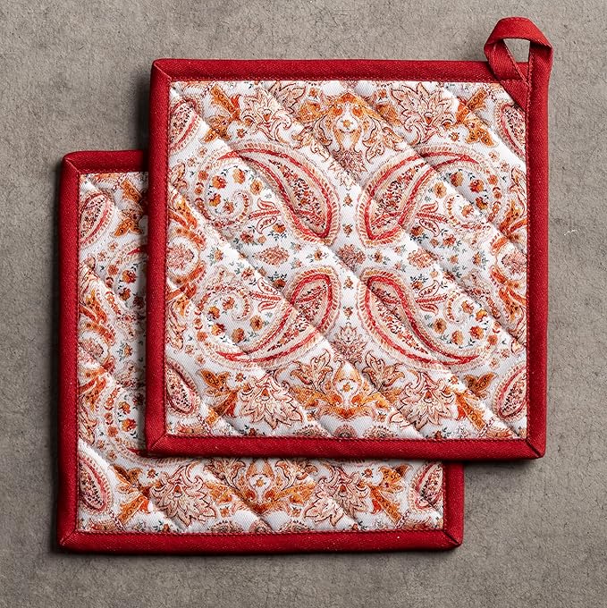 Maison d' Hermine Pot Holders Set 100% Cotton Heat Resistant Potholders 8" x 8" Hot Pads with Loop BBQ, Cooking, Baking, Grilling, Kitchen, Handling Hot Pans (Pack of 2, Orient)