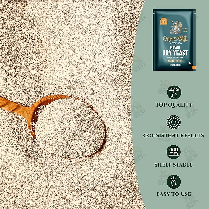 One in a Mill Instant Dry Yeast Packets | Fast Acting Self Rising Yeast for Baking Bread, Cake, Pizza Dough Crust | Kosher | Quick Rapid Rise Leavening Agent for Pastries | 12 Packets