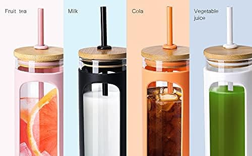 Kodrine 20oz Glass Tumbler with Straw and Lid, Iced Coffee Cups with Bamboo Lids, Glass Cups for Cold Drinks, Smoothie Cup with Silicone Sleeve for Travel, Work, BPA FREE-Olive-2pack