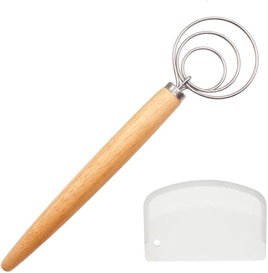 Danish Dough Whisk with Dough Scraper 10" Dutch Bread Whisk Bread Mixer Stainless Steel Dutch Bread Dough Whisk with Wooden Handle Dutch Whisk Baking Tools for Sourdough, Pizza, Pastry, Cake