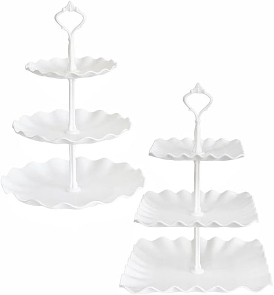 2 Set of 3-Tier Plastic Cupcake Stand Dessert Plates Mini Cakes Fruit Candy Display Tower White for Birthday Tea Party Baby Shower Serving Tray