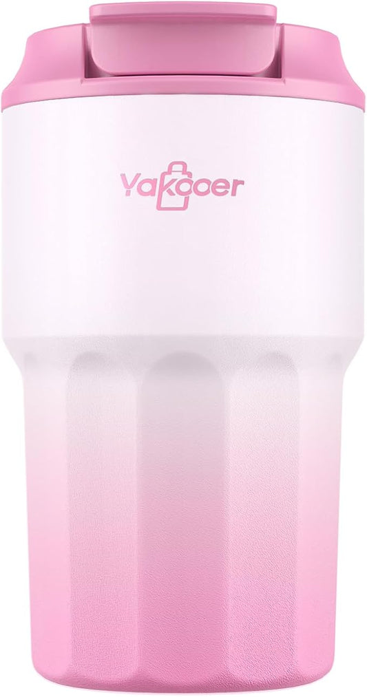 16 oz Coffee Insulated Tumbler with Lid and Flip Straw, Leak-Proof Food Grade 304 Stainless Steel Travel Coffee Mug, Double Wall Vacuum Cup for Hot and Cold Drinks (Gradient Pink)