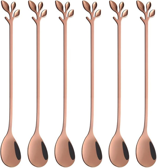 AnSaw 6-Piece Elegant Rose Gold Leaf Long Handle Teaspoons - 7.4" Stainless Steel Stir Spoons for Coffee & Tea, Perfect for Mixing & Stirring