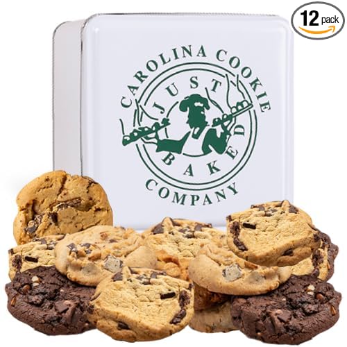 Carolina Cookie Company Fresh Baked Gourmet Cookie Gift Tin, Gifts, Handmade to Order, No Preservatives, Never Frozen, Shipped & Delivered, Assorted for Christmas, Birthdays, Corporate, Fresh Delivery: 12 Count