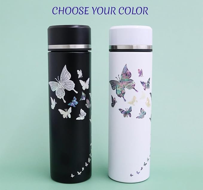 Mother of Pearl Design Stainless Steel Water Bottle with Tea Infuser Strainer 17 oz Leakproof Screw Cap Wide Mouth Double Wall Vacuum Insulated Travel Sport Water Flask Thermo Mug (Butterfly White)