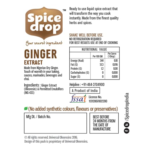 Spice Drop Pure Ginger Extract - Salad Dressing, Cooking, Baking, Tea, Coffee - Natural Immunity Booster - Rich Aroma - Dry Ginger Extract - No Added Color or Preservative - Non GMO - Vegan - 0.17 Oz