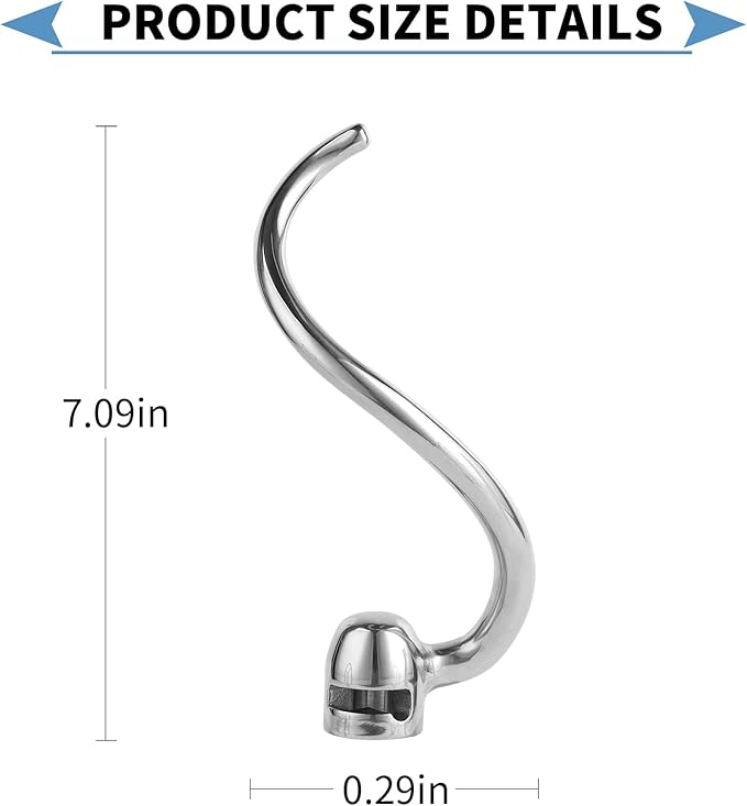 Stainless Steel Spiral Dough Hook Compatible with KitchenAid 5-6QT Mixer,Bowl Lift Stand Mixer Accessory, Dough Hook,Rust Resistant, Effectively Kneads Bread,Pizza,Pasta and Biscuits,Dishwasher Safe