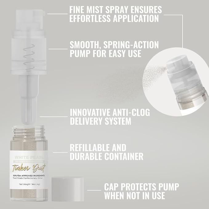 Bakell - White Tinker Dust (4g, 1x Mini Spray Pump) Edible Glitter for Food, Desserts, and Beverages!