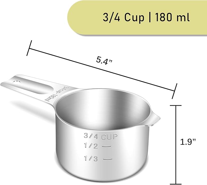 2PCS 3/4Cup (180ml, 6oz) Single Measuring Cup, Stainless Steel Measure Scoop, Metric and US Measurement, Heavy Duty, Dishwasher Safe
