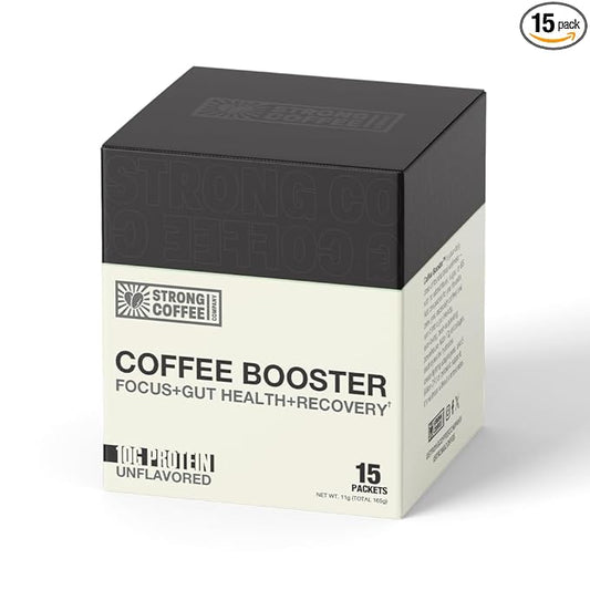 STRONG COFFEE COMPANY Coffee Booster – Collagen Coffee Protein Powder with NeuroFactor®, L-Theanine & Gut Health – 10g Protein, Electrolytes – Focus & Energy – 15 Packets