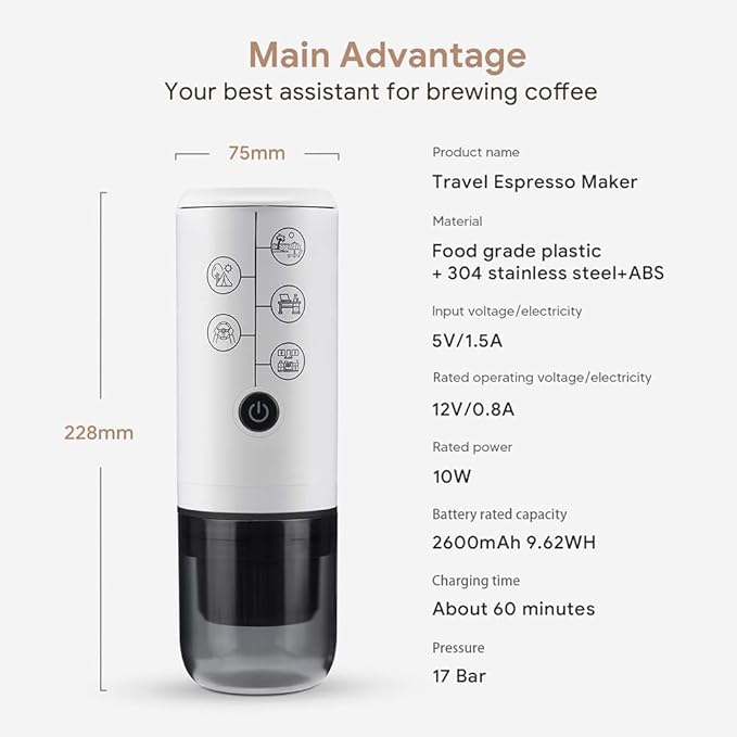 BENFUCHEN 3-in-1 Portable Espresso Machine With NO Heating Function, Type-C Charging Electric Espresso Maker, 17 Bar Mini Coffee Maker For N ESPRESSO/DolceGustoPods & Ground Coffee On the Go, White