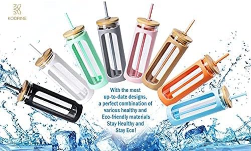 Kodrine 20oz Glass Tumbler with Straw and Lid, Iced Coffee Cups with Bamboo Lids, Glass Cups for Cold Drinks, Smoothie Cup with Silicone Sleeve for Travel, Work, BPA FREE-Brown