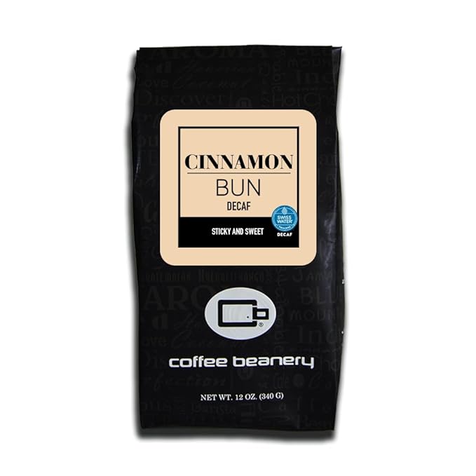 Cinnamon Bun Decaf Coffee by Coffee Beanery | 12oz Flavored Decaf Coffee Ground Medium Roast Coffee | 100% Specialty Arabica Coffee Ground | Gourmet Coffee | Flavored Ground Coffee Medium Roast