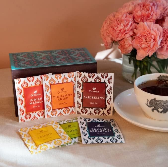 Octavius Assorted Tea Gift Set | 6 Assorted Black & Green Teas | 30 Teabags | Wooden Tea Sampler Pack w/Ornate Floral Design | Pack of 2 | Mothers Day Tea Gift Box