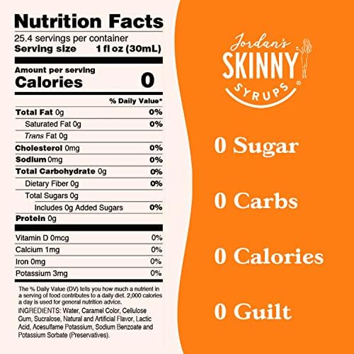 Jordan's Skinny Syrups Sugar Free Coffee Syrup, Caramel Flavor Drink Mix, Zero Calorie Flavoring for Chai Latte, Protein Shake, Food & More, Gluten Free, Keto Friendly, 25.4 Fl Oz, 6 Pack