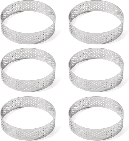 Guowall Stainless Steel Round Tart Ring Metal Perforated Cake Mold Pastry Molud for Circle Tartlet French Dessert Small Fruit Tarte Crust (6pcs)