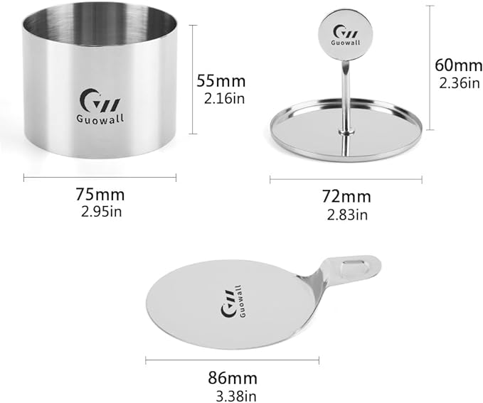 Guowall 6 Pack Seamless Cake Ring Molds Stainless Steel Mousse Rings 3 Inch Round Pastry Cutter for Baking (Includes 6 Rings 1 Pusher and 1 Lifter)