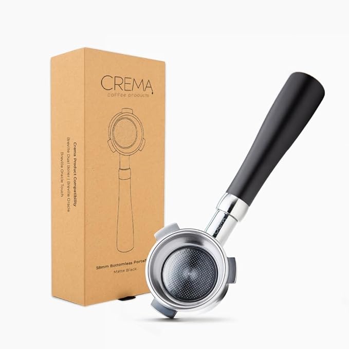 Crema Coffee Products 58mm Bottomless Naked Portafilter | Compatible with 54mm Breville Machines | Includes Double Shot Filter Basket | Matte Black