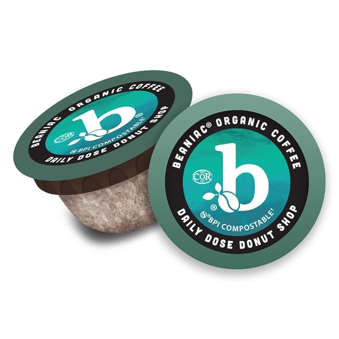 beaniac Organic Daily Dose Donut Shop, Light Roast, Single Serve Compostable K Cup Coffee Pods, Organic Arabica Coffee, Keurig Brewer Compatible, 72 Count