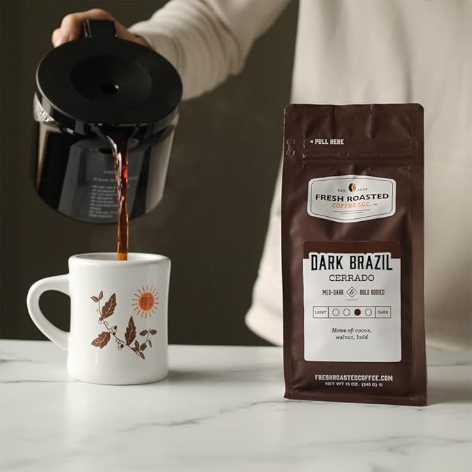 Fresh Roasted Coffee, Dark Brazil, 12 oz, Med-Dark Roast, Kosher, Ground