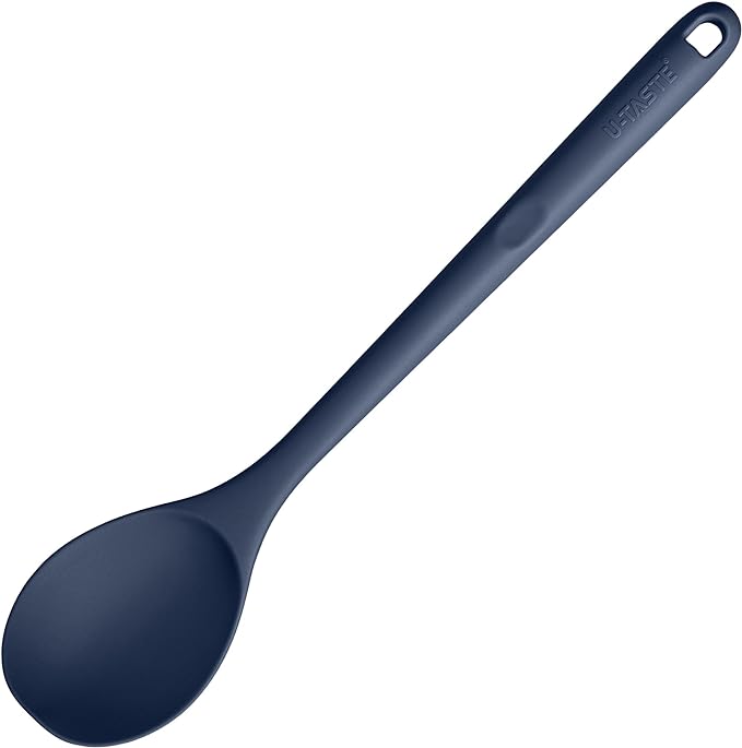 600ºF Heat Resistant Silicone Spoon: U-Taste 13.3in Solid Kitchen Cooking Spoon, Nonstick Food Grade Large Soup Rubber Utensil for Mixing, Serving, Stirring, Basting, for Pot Cookware (Midnight Blue)