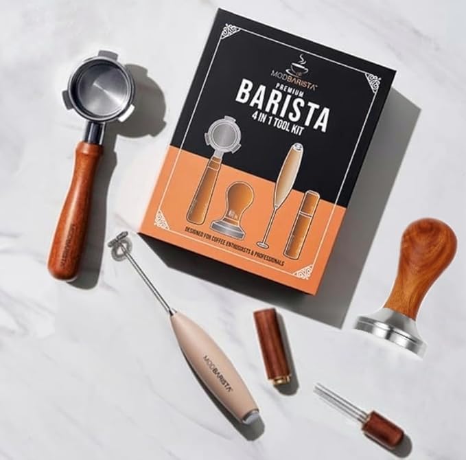 54mm Bottomless Portafilter-Tamper-Milk Frother-WDT Tool-Breville-Rosewood -Barista Coffee Espresso machine Accessories-Premium-Gift for Coffee Lovers MODBARISTA Premium Barista 4-IN-1 kit