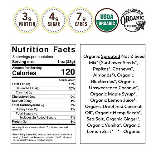 Lark Ellen Farm Grain-Free Granola, Certified Organic Raw Sprouted Vegan Clusters, Paleo & Crunchy Gluten-Free Bites for Cereal or Yogurt, Lemon Blueberry 8 oz, 6 Pack