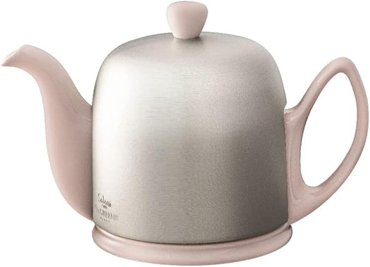 Salam Luxury French Tea Pot - Porcelain Teapot with Brushed Aluminum Cover, Ceramic Tea Kettle for Loose Tea, Removable Infuser, 4 Cup Capacity, 24oz - Pink