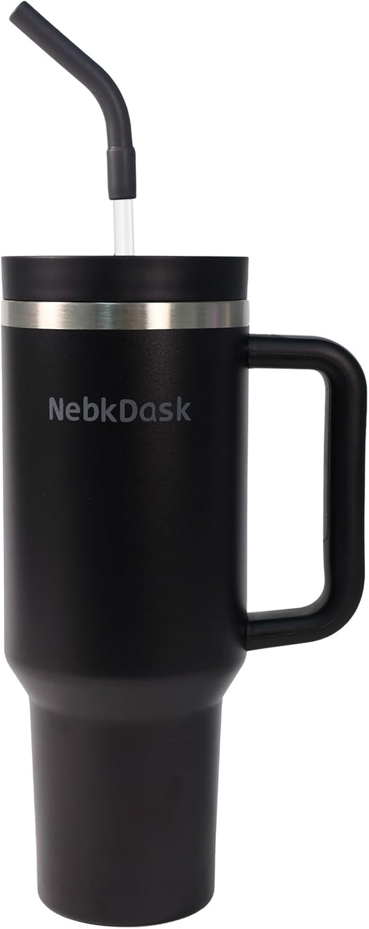 40 oz Water Bottle with Handle & Straw – Insulated Stainless Steel Bottle, Leakproof, Fits in Cup Holder – Reusable Cold Drink Thermos for Women & Men (Black)