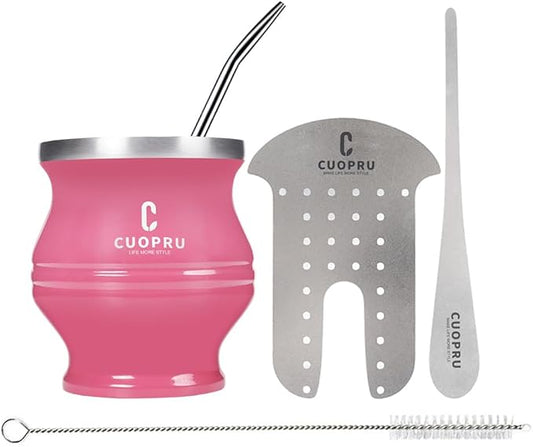 Yerba Mate Cup - Mate Gourd Set Includes Double Walled Stainless Steel Tea Cup, Tea Shaper set, Bombilla Straws, Cleaning Brush
